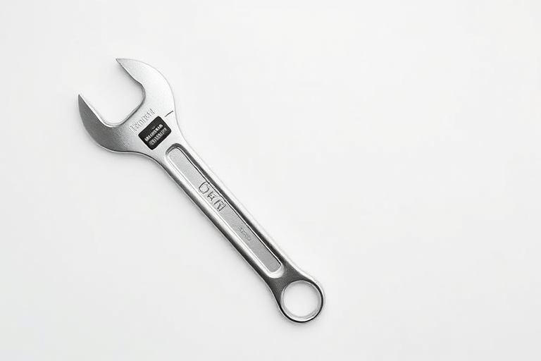 Create a high-resolution image of a shiny silver wrench on a plain background, captured with a 50mm lens at f/2.8, ISO 100, using a DSLR camera from a top-down angle to emphasize its details and reflections.