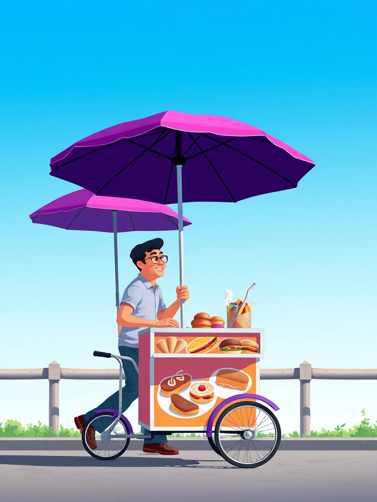 Create a vibrant illustration of a mobile food cart being pushed by a man, showcasing a variety of snacks like sandwiches and pastries under a purple umbrella, with a clear blue sky in the background, captured from a slightly elevated angle using a DSLR camera with a 50mm lens at f/2.8, ISO 200, and a shutter speed of 1/200s for sharp detail and vibrant colors.