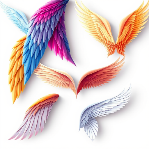 Create a high-resolution digital illustration of abstract wings in various colors and styles, with a focus on smooth gradients and intricate feather details, using a DSLR camera with a 50mm lens at f/2.8, ISO 100, 1/125s, in a studio setup with soft lighting to enhance the vibrancy and contrast of the colors.