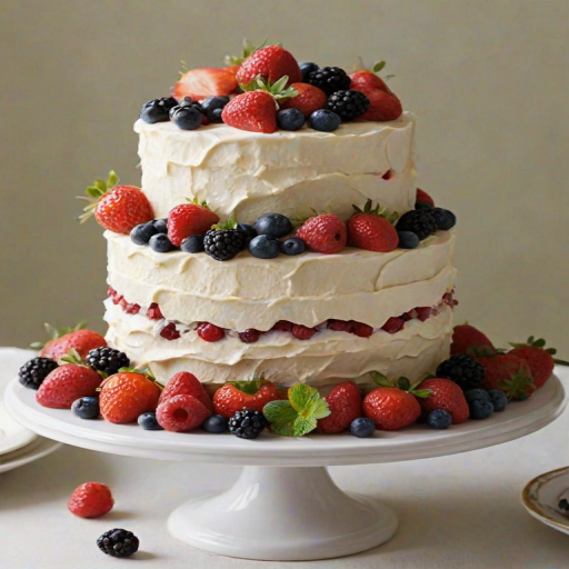 Create a vibrant and elegant cake topped with an assortment of fresh berries, including strawberries, raspberries, blueberries, and blackberries. The cake should have a smooth white frosting and a visually appealing arrangement of berries cascading down one side. The setting should be bright and airy, with natural light highlighting the textures of the cake and fruit.