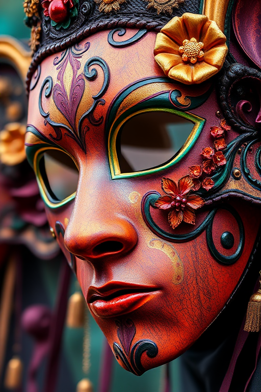Venice mask,carnival,intricate colors,Artme,romanticism art,Paul Gauguin,Cyberpop,short lighting,F/1.8,extremely beautiful,oil painting of. Hyper-realistic, highly detailed, 4K, HDR, very close frame