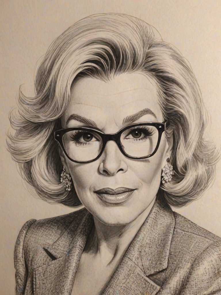 Dazzling Joan Rivers, pencil sketch, portrait of Resplendent woman 1945s in glasses, hair style beatnik, outline, clear lines, fine lines, 8k