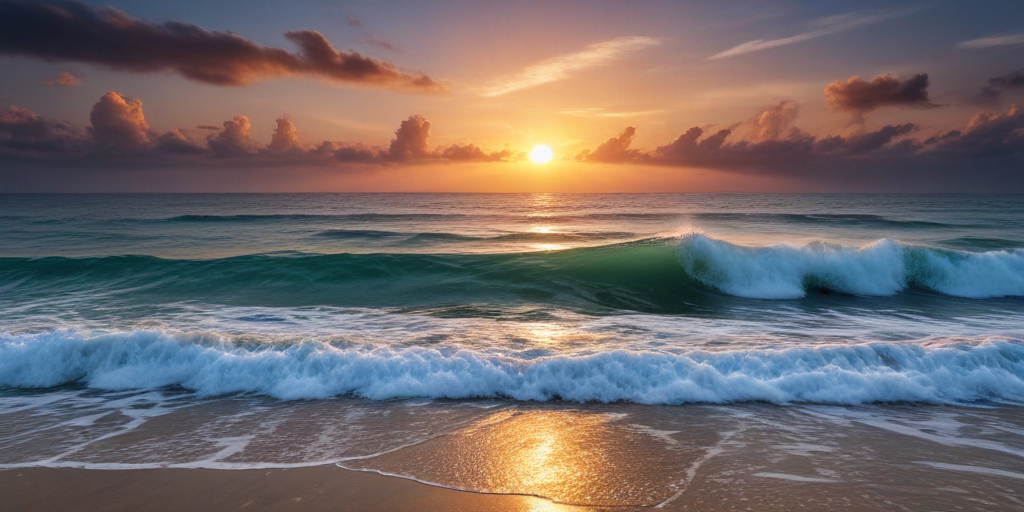 Serene Sunrise Over the Ocean with Gentle Waves and Colorful Clouds