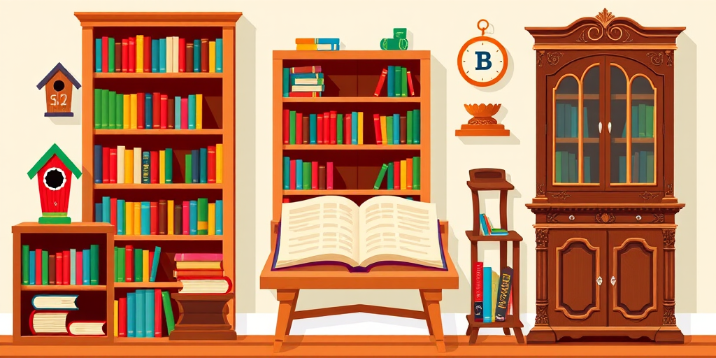Create a high-resolution illustration of various bookshelves and library elements in a flat design style, featuring a wooden bookshelf, a colorful birdhouse, an open book, a wooden bench, a display stand for books, and an ornate cabinet; use vibrant colors and clear lines; camera settings: ISO 100, aperture f/8, shutter speed 1/200; camera view: overhead; camera style: digital illustration; camera type: DSLR.