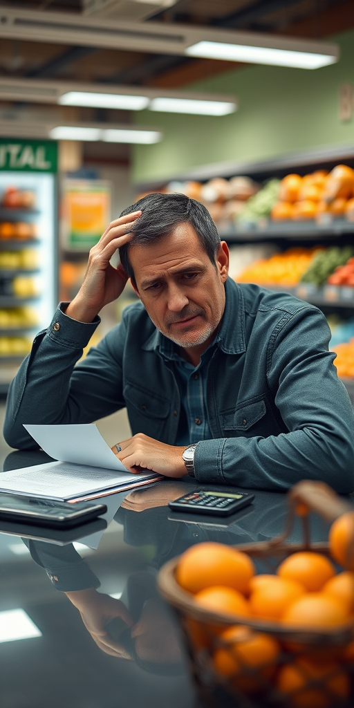 Regenerate an image of a man looking stressed while sitting at a grocery store table with a calculator, documents, and a basket of oranges, captured with a Canon EOS R5, 50mm lens, f/1.8 aperture, ISO 200, 1/100 sec shutter speed, in a shallow depth of field for enhanced focus on the subject while blurring the background.