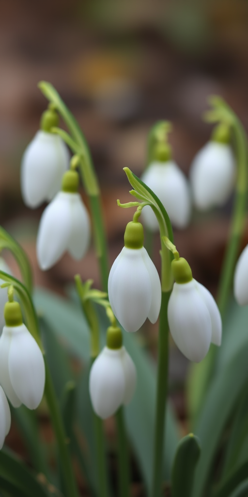 a close-up of delicate white snowdrop flowers with green stems, blooming in a garden setting, softly blurred background