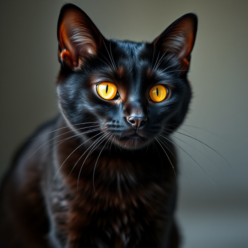 Generate a high-resolution image of a black cat with striking yellow eyes, sitting and tilting its head slightly, captured in soft natural lighting, using a Canon EOS R5 with a 50mm f/1.8 lens, aperture set to f/2.8, ISO 100, in portrait orientation.