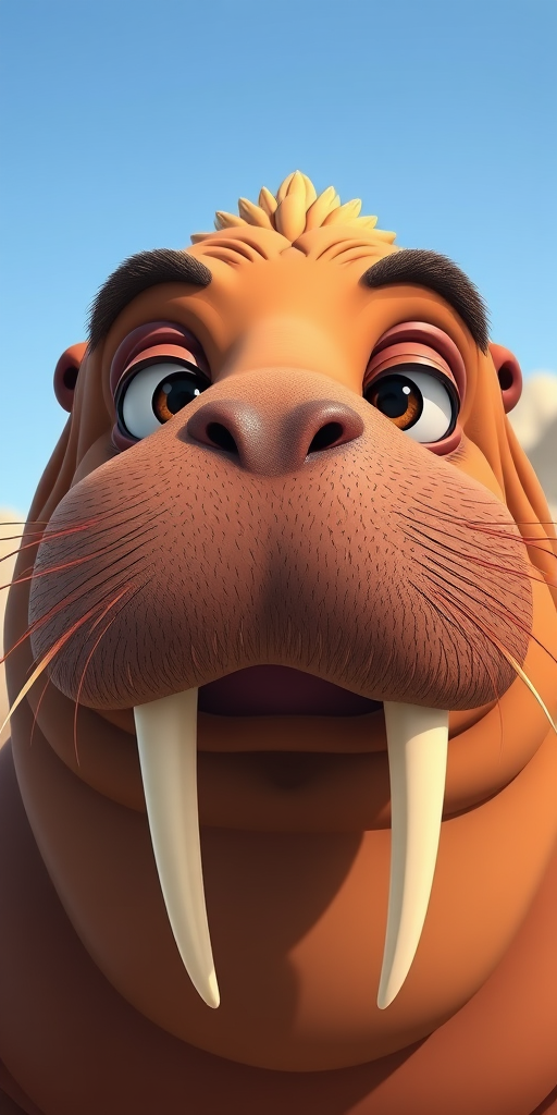 Create a high-resolution cartoon image of a walrus's head with exaggerated features, using a 50mm lens with f/1.8 aperture, ISO 100, in bright daylight settings, taken from a close-up perspective with a digital camera to enhance color vibrancy and clarity.