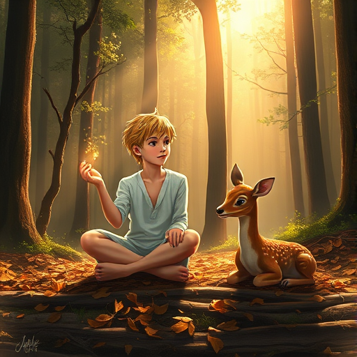 A luminous digital painting of a serene forest scene featuring a barefoot young male, about 7 years old, with Yellow hair and fair skin, dressed in a simple white outfit. He sits cross-legged on the forest floor, gazing at a small, glowing, magical firefly in his hand. Beside him, a delicate spotted deer lies calmly on a bed of dried leaves, observing the scene. The dense forest is bathed in warm, golden light filtering through the trees, creating a peaceful, magical atmosphere with a blend of natural and mystical elements.
