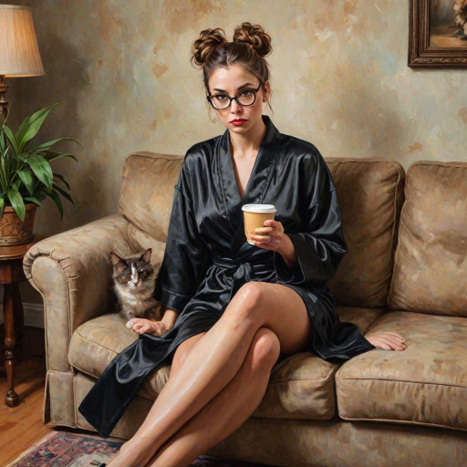 The words ‘Professional Overthinker’ (exact spelling) An exaggerated whimsical illustration of a cute silly lady with unruly messy brown bun and black glasses pouty lips and a thinking expression. Shes sitting on the couch, legs folded wearing a black silk robe, black fuzzy slippers. She’s holding her coffee cup and making a deep-in-thought face.  A quirky scruffy cat (dog) looking at her against a mottled, oil painting style soft background living room setting.