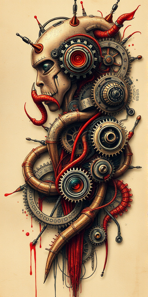 Fierce "Biomechanical Fusion" tattoo concept merging organic forms with mechanical elements, rendered in a hyper-realistic style with a color palette of oxidized metals, flesh tones, and vivid arterial reds, creating the illusion of skin peeling away to reveal a complex inner world of gears, pistons, and circuitry, perfect for science fiction enthusiasts and those fascinated by the intersection of biology and technology