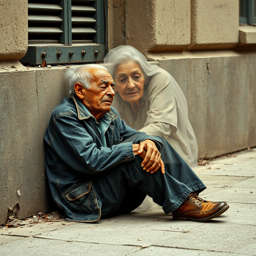 beautifully weathered old homeless veteran sitting on the ground slumping against the wall of a building with his eyes closed. there is an Ethereal, translucent figure of a beautiful elderly woman comforting him