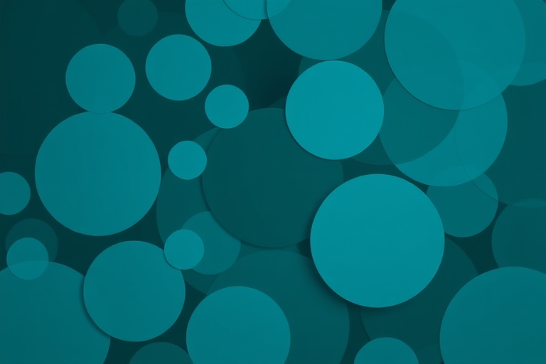 create an abstract pattern with overlapping circles in varying sizes and transparency, using a dark teal background, shot with a Canon EOS R5 at f/8, ISO 100, 50mm lens, top-down view, soft focus style
