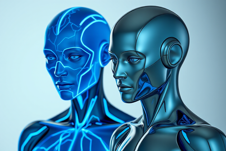 Create a hyper-realistic image of two humanoid figures with one appearing as a blue electric being and the other as a glossy, metallic figure, shot with a Canon EOS R5 at f/2.8, ISO 100, 1/100s, in a studio setting with softbox lighting and a shallow depth of field for enhanced details and vibrant colors.