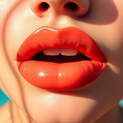 Luscious "Coral Sunrise" lips featuring a glossy peach-tinted hue, perfectly hydrated and subtly lined, capturing the essence of a tropical paradise