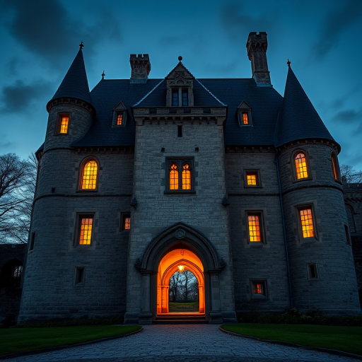 A medieval stone castle with a dark slate roof, illuminated windows, and an archway, captured at dusk with a full-frame camera, aperture f/8, ISO 100, 24mm lens, using a soft focus style to enhance depth and texture.