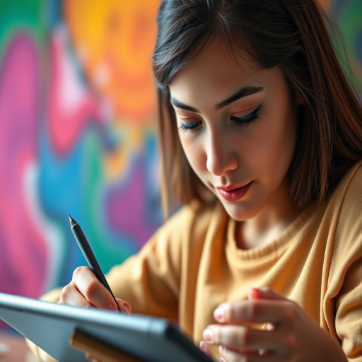 Portrait of a young woman focused on drawing on a tablet, vibrant multicolored background, well-lit with soft diffused light, using a DSLR camera with a 50mm lens, aperture f/1.8, ISO 200, shot from a slightly elevated angle for depth and detail.