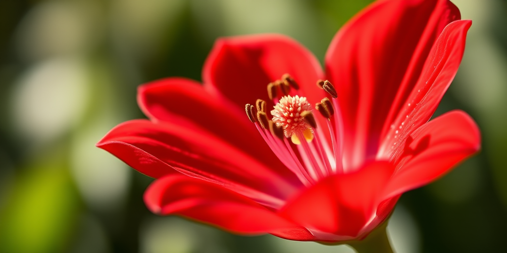 create a close-up image of a vibrant red flower with intricate petal details and a softly blurred background, using a macro lens at f/2.8 aperture, ISO 100, 1/200s shutter speed, shot with a DSLR camera in natural light for enhanced clarity and depth of field.