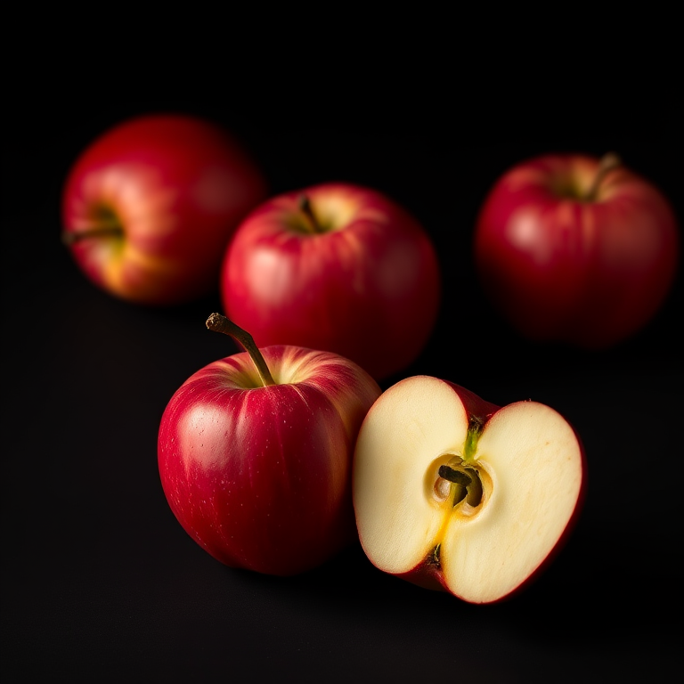 red apples on a black background with one apple cut in half revealing the inside, soft lighting, f/4 aperture, shutter speed 1/125s, ISO 100, macro view, DSLR camera, high-resolution digital art