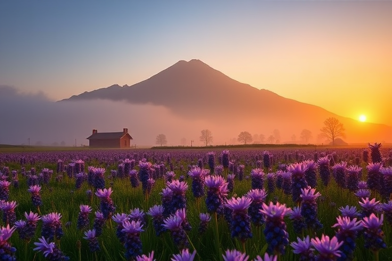 Landscape photograph of a purple flower field at sunrise with a misty mountain in the background, captured with a Canon EOS 5D Mark IV, 24mm lens, aperture f/8, ISO 100, shutter speed 1/200 sec, in a wide-angle view for depth and detail.