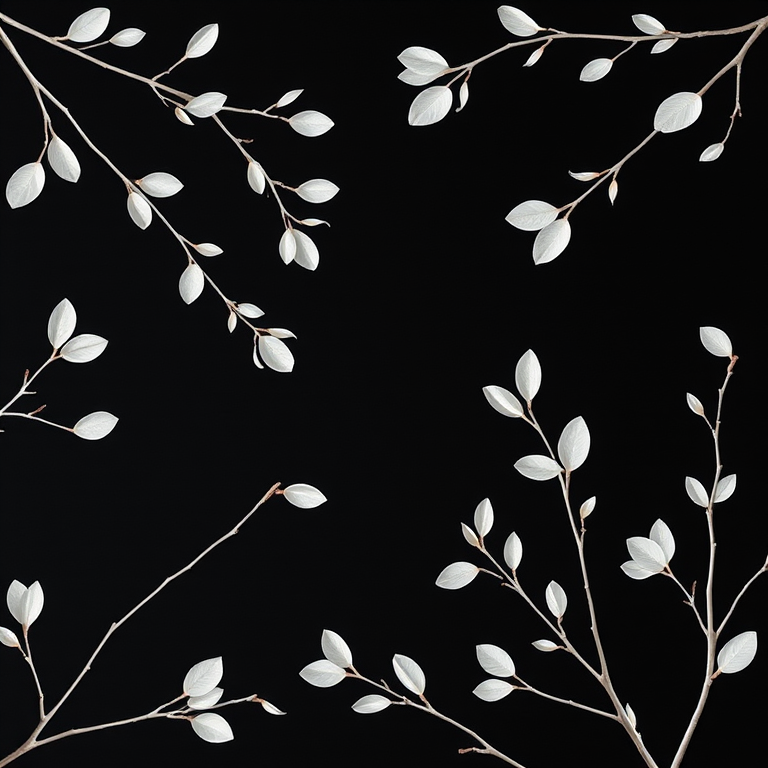 create a minimalist design of delicate white branches with leaves on a black background, capture the details with a 50mm lens, f/1.8 aperture, ISO 100, using a DSLR camera from a top-down view for enhanced clarity and depth.
