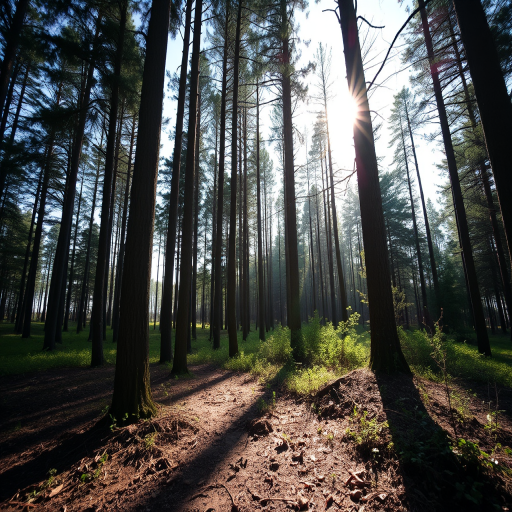Create a high-resolution image of a tranquil forest scene with sunlight filtering through the trees, using a DSLR camera at f/2.8, 1/125s shutter speed, ISO 100, wide-angle lens, natural lighting, and a slight vignette for emphasis on the center of the image.