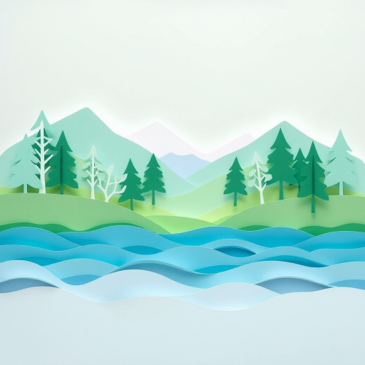 Create a serene paper cutout landscape featuring layered trees and waves in pastel shades of green and blue, with soft white highlights, captured with a DSLR camera at f/8 aperture, ISO 100, 35mm focal length, shot from a slightly elevated angle using a shallow depth of field for a dreamy effect.