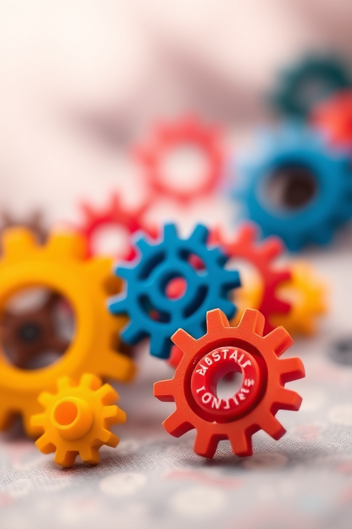Create an abstract image of colorful gears in vibrant yellow, blue, red, and orange arranged on a soft, blurred background with bokeh effect, captured with a DSLR camera, 50mm lens, f/1.8 aperture, ISO 200, in a shallow depth of field for enhanced clarity.