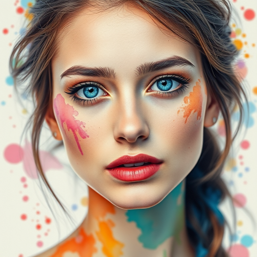 Regenerate a watercolor portrait of a female with abstract splashes of color, featuring a soft-focus background, using a Canon EOS R5 with an 85mm f/1.2 lens, aperture set to f/2.8, shutter speed 1/125s, and ISO 100 for enhanced detail and vibrancy.