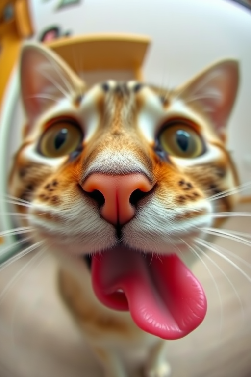 A close-up photograph of a cat's face with big eyes and a prominent pink nose sticking out its tongue, taken with a fisheye lens to emphasize the features and create a playful perspective. The background is slightly blurred to keep the focus on the cat's facial expression.