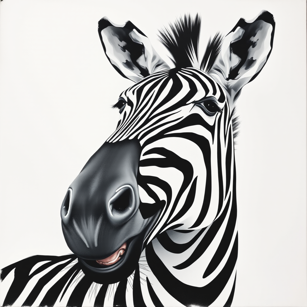 Abstract black and white acrylic portrait of an over exaggerated laughing (zebra). Minimalism style. White background.
