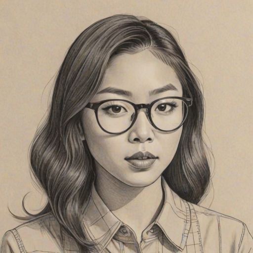 Ravishing Awkwafina, pencil sketch, portrait of Gorgeous woman 1925s in glasses, hair style beatnik, outline, clear lines, fine lines, 8k