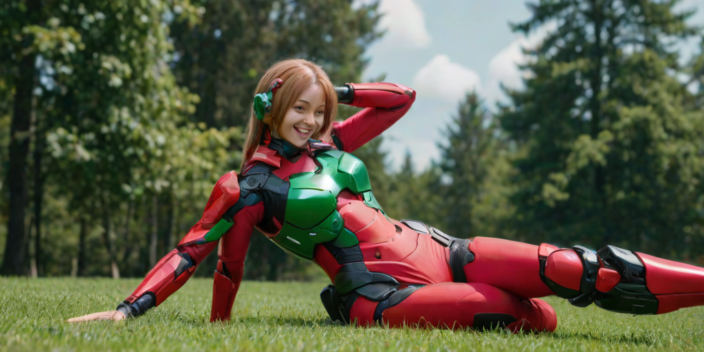 aying on back, green grass, red plugsuit, light smile, hands behind the head, from side,  dutch angle, mecha in background