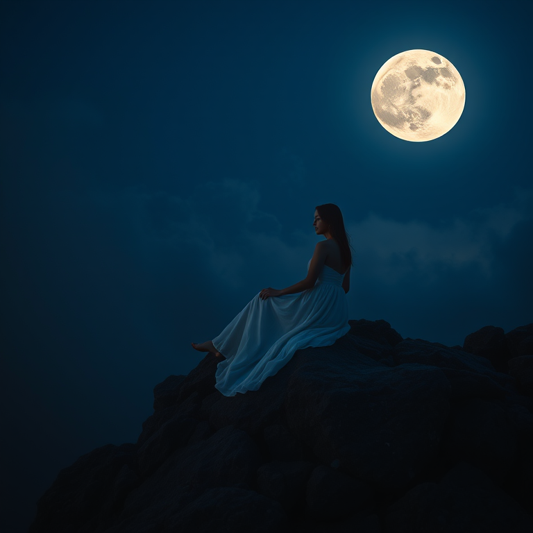 Create an ethereal scene of a woman in a flowing white dress sitting on a rocky outcrop, illuminated by a large, bright full moon against a moody, dark blue sky with mist, capturing the tranquil atmosphere with a Canon EOS R5, 50mm lens, f/1.8, ISO 200, and a soft focus effect for a dreamy quality.