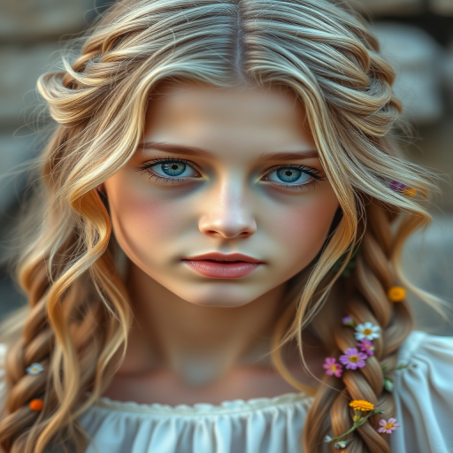Create an image of a young Chaldean woman with long, wavy blonde hair, adorned with small, colorful flowers woven into her braids and loose strands. Her complexion is fair, with soft, glowing skin, and she has light blue eyes that gaze softly at the viewer. She wears a light, flowing dress with a gentle, ethereal quality, complementing her delicate and serene appearance. The background is slightly blurred, drawing focus to her tranquil expression and the intricate details of the flowers in her hair. The overall mood of the image is one of natural beauty and grace, evoking a sense of peacefulness and connection with nature.