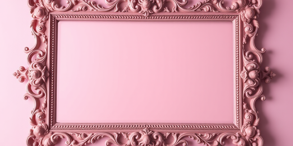 A vintage ornate pink frame against a soft pink background, captured with a Canon EOS R5, 50mm lens, aperture f/1.8, ISO 100, shallow depth of field, soft natural light, center composition.