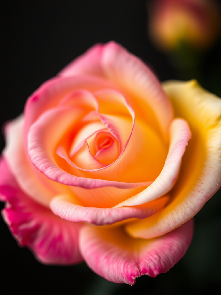 macro shot of a pink and yellow rose on a black background, aperture f/2.8, shutter speed 1/200s, ISO 100, taken with a DSLR camera using a 100mm macro lens, soft focus background for enhanced depth of field