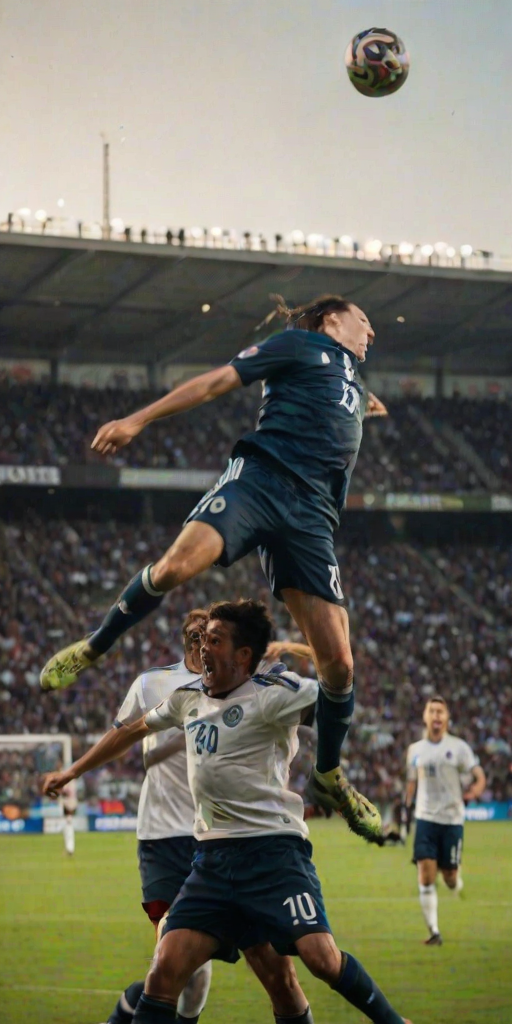 Blurry, action-packed photo of a soccer match, two players leaping into the air for a header, dirt flying up beneath their feet, stadium lights casting long shadows on the field, a roaring crowd in the background, focus on the intensity in the playerseyes.