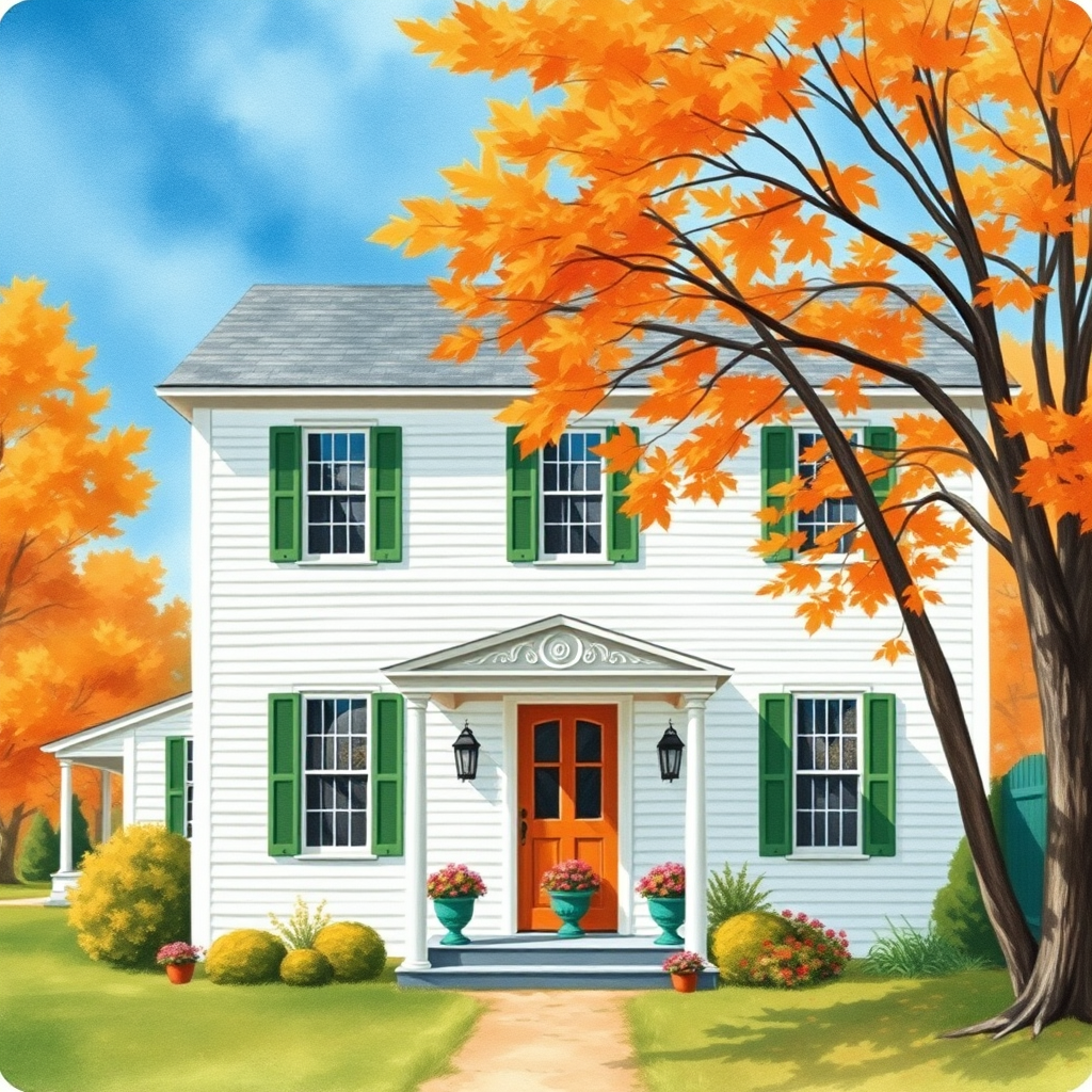 a white farmhouse with green shutters, vintage feel, blue sky, trees in autumn color, leaves slightly blowing in the breeze, colorful autumn flowers in pots on the front porch of the farmhouse, watercolor