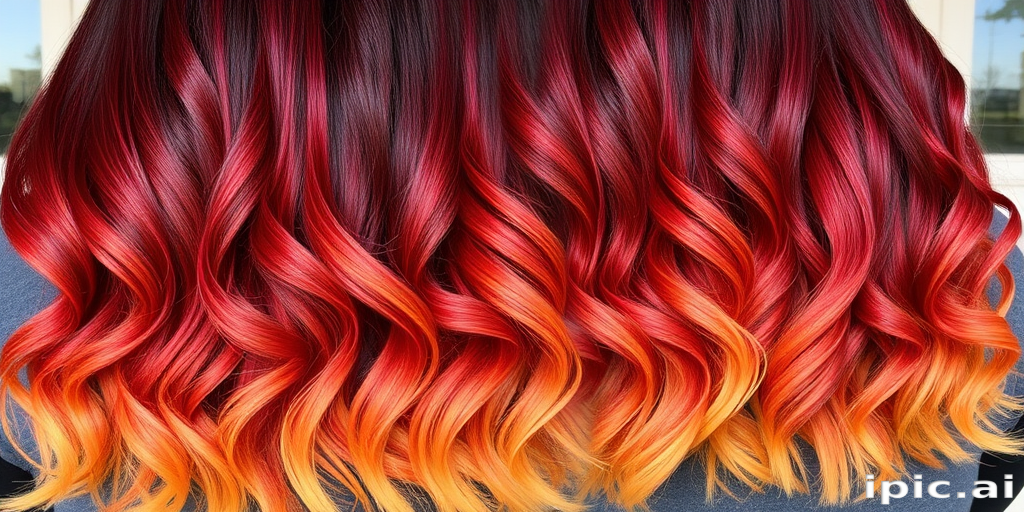 Cascading ombré waves called "Sunset Serenade" transition from deep burgundy roots to fiery orange mid-lengths and golden yellow tips, creating a mesmerizing gradient effect