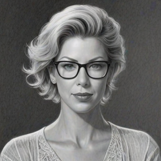 Ravishing Jenna Elfman, pencil sketch, portrait of Stunning woman 1942s in glasses, hair style beatnik, outline, clear lines, fine lines, 8k