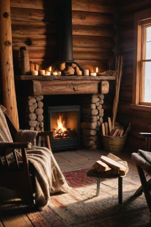 Warmly lit photo of a cozy fireplace in a rustic cabin, with soft light from the flames casting long shadows, and a stack of firewood and a woolen blanket draped over a nearby chair.