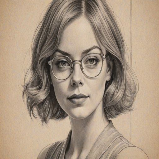 Alluring Emma Stone, pencil sketch, portrait of Graceful woman 1932s in glasses, hair style beatnik, outline, clear lines, fine lines, 8k
