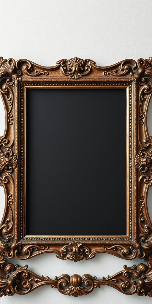 Create a high-resolution image of a classic ornate picture frame with intricate designs and a deep matte black interior, using a digital camera with a 50mm lens, f/1.8 aperture, ISO 100, and a soft focus style, shot from a straight-on view to capture details and textures.