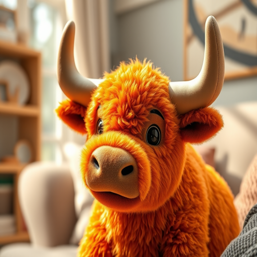 Create a highly detailed illustration of a plush orange bull with brown accents, in a soft and cozy interior setting, using a Canon EOS R5 camera, 50mm lens, f/1.8 aperture, ISO 100, natural daylight, with a slight focus on the plush texture and vibrant colors for depth and clarity.