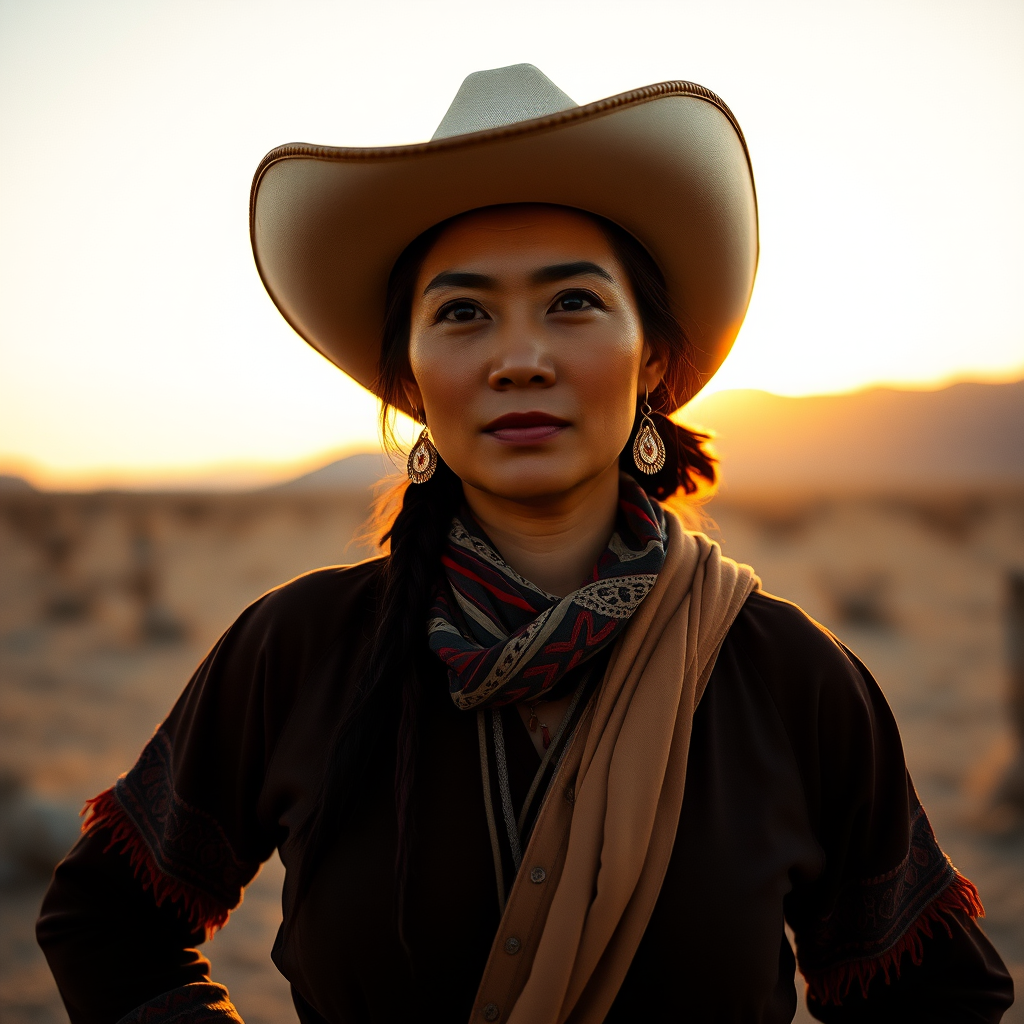 Dramatic photo of a beautiful Hmong woman, classic cowboy attire, confident and free spirit expression, half-length portrait, centered, golden hour desert landscape, warm, diffused light, low angle, medium format film camera, in style of Annie Leibovitz.