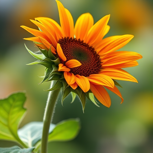 Generate a high-quality image of a stylized sunflower in vibrant colors against a soft focus background, captured with a Canon EOS 5D Mark IV, using a 50mm lens at f/1.8, ISO 100, 1/200s shutter speed, natural light, with a slightly tilted upward angle for depth.