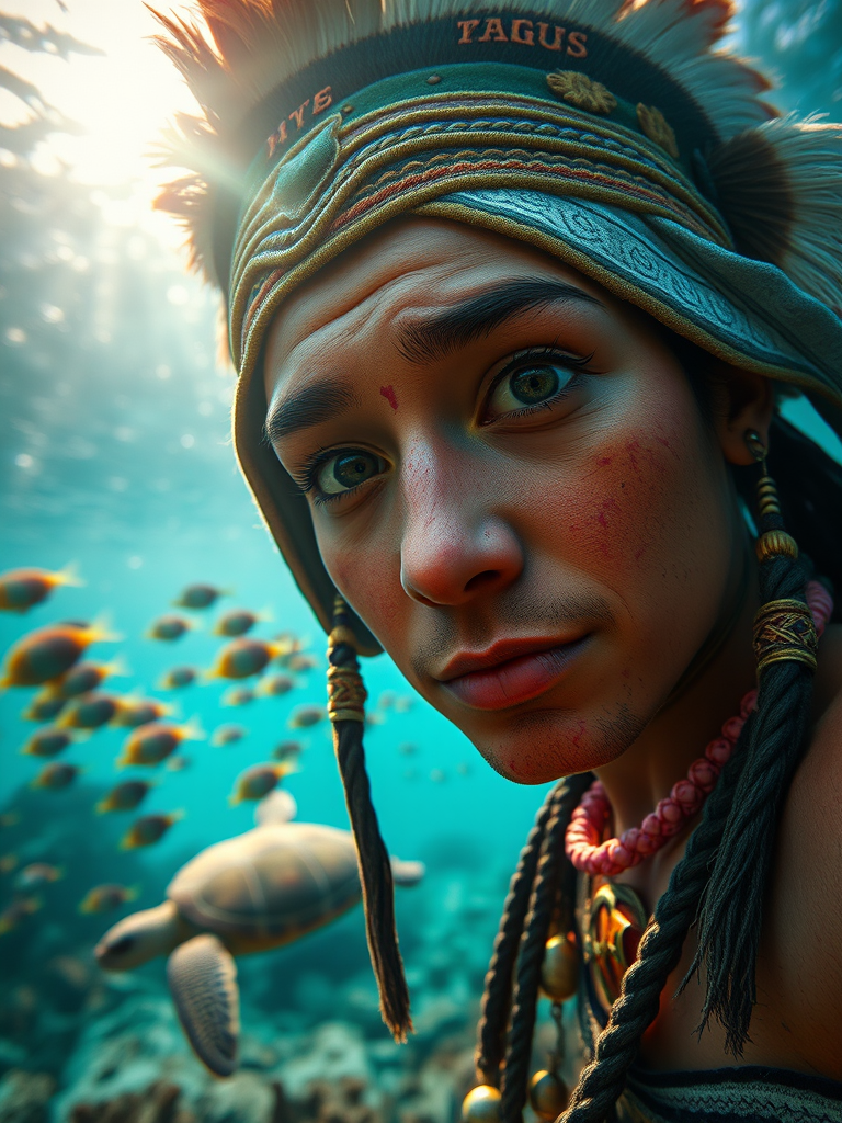 Realistic selfie image of a Aztec, wearing a vintage outfit, detailed dreamy eyes, droopy hooded eyes, staring at the camera, taken underwater at coral reef with a sunbeam filtering through the water, vibrant, summer vacation, natural lighting, turtle and school of tropical fish with vibrant colors, rendered in the style of CryEngine, Pegi Nicol MacLeod, with realistic genre scenes, hauntingly beautiful narratives, ultra-realism, and Thomas Saliot's close-up technique, 8K resolution, crystal clear and sparkling water.