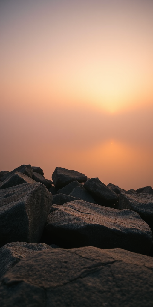 Capture a foggy sunrise scene over a lake with large rocks in the foreground, using a Canon EOS 5D Mark IV, 24mm f/4 lens, aperture set to f/11, shutter speed at 1/60 sec, ISO 100, and a soft focus effect to enhance the mood.