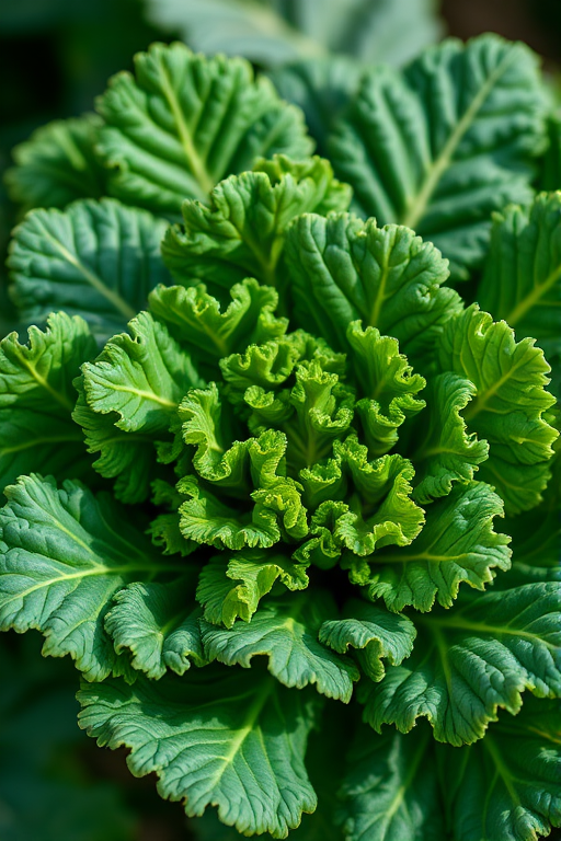 A vibrant bunch of kale with rich green leaves, captured in a high-resolution close-up shot using a DSLR camera, 50mm lens, f/2.8 aperture, natural lighting, and a soft focus background for enhanced clarity and detail.